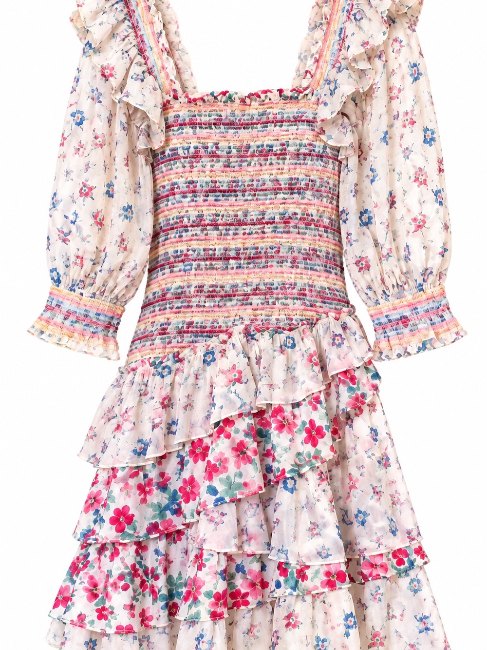LoveShackFancy womens Floral Smocked Ruffle Dress in Cream, Pink, Blue